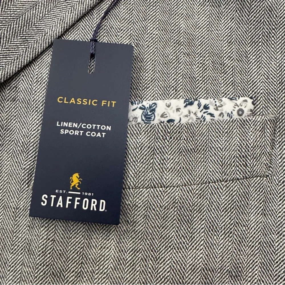 Stafford Linen Cotton Blend Classic Fit Suit Blazer Men’s Size 46 Reg Gray